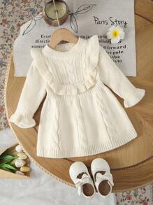 SHEIN Vestido de suéter de manga larga tejido para niñas bebé, apto para otoño/invierno, color albaricoque, versátil, elegante, con volantes en el bajo, elegante, apto para la escuela, uso diario, hogar, exterior, viaje - Albaricoque - Ver 3