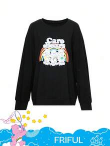 FRIFUL SHEIN X Care Bears 女式宽松休闲街头风格字母与卡通图案圆领套头 T 恤长袖上衣 - 黑色 - 查看 12