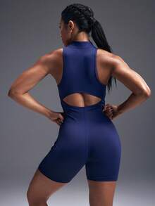 Powerista Solid Color Zipper Sports Jumpsuit Tight Fitting Sleeveless, Summer - Blue - View 3