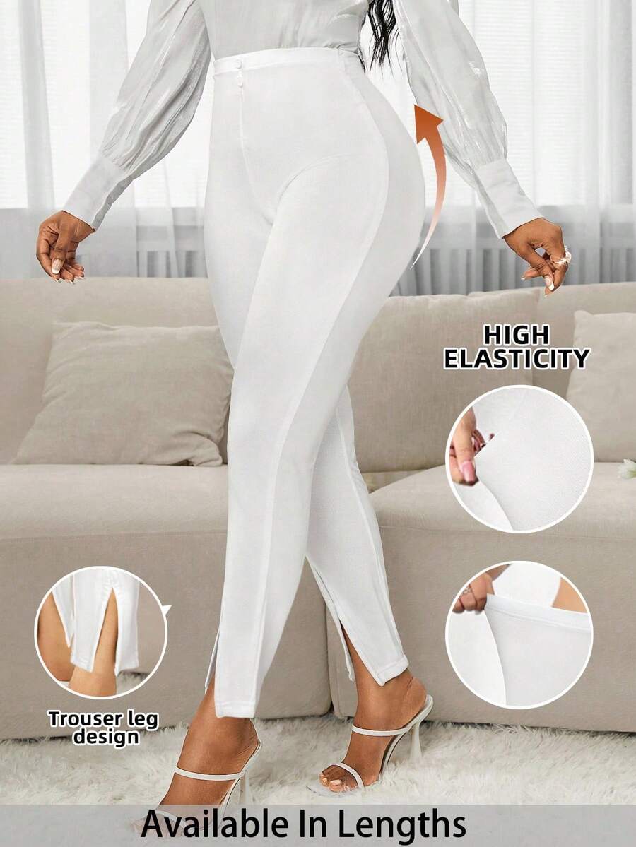 SHEIN PETITE CURVE Plus Size Women's Solid Color High Stretch Button Design Skinny Casual Pants