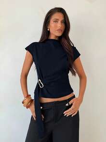 Aloruh 海军蓝金属扣装饰办公衬衫，商务休闲女装，办公室女装，外出，约会之夜，女教师，女士社交衬衫 - 藏蓝色 - 查看 4