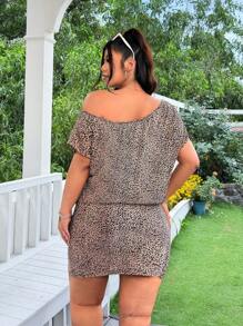 Solflare Plus Size Women Leopard Print Asymmetrical Shoulder Dress, Stylish For Summer - Brown - View 2