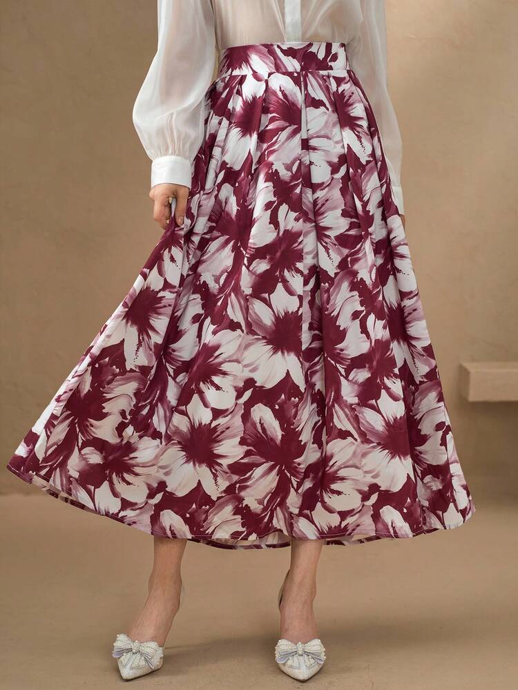 Women's High Waist Pleated Floral Print Skirt, Elegant Style Fall Skirts Vacation