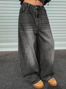 Strévra Vintage Loose Street Washed Distressed Wide-Leg Women Baggy Jeans - Blue - View 4