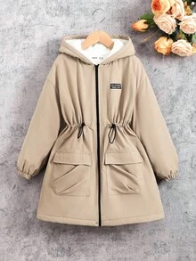 SHEIN Chaqueta de forro polar de longitud media holgada con capucha, bolsillos con cordón ajustable, estilo militar casual, para ir y venir y actividades al aire libre, abrigo parka, vuelta al colegio, abrigo de invierno para niñas, chaqueta forrada térmica para niñas, chaqueta para niñas, chaqueta con capucha para niñas, abrigo parka para niñas en otoño - Caqui - Ver 3