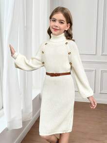 Vestido de malha elegante e quente com gola alta para meninas pré-adolescentes, uso diário, estilo feminino