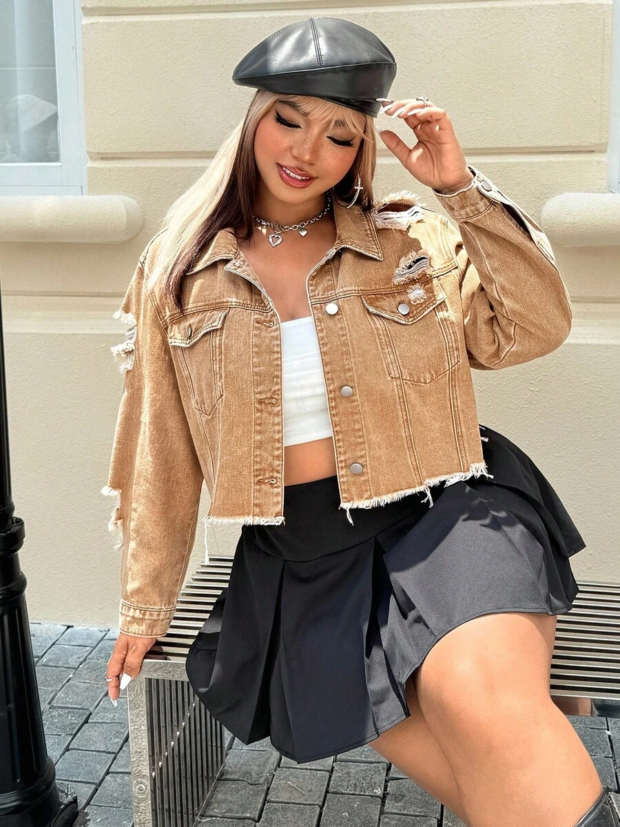 SHEIN EZwear 大码女式秋季做旧单排扣磨边休闲牛仔夹克 - 卡其色 - 查看 1