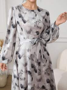 Modelyn Tie Dye Lantern Sleeve Belted Maxi Dress - Grey - View 6