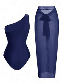 Swim Oasis 1 pieza Traje de baño de una sola pieza de unicolor para mujer con falda cubierta transparente - Azul Marino - Ver 2