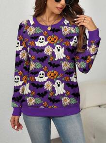 EMERY ROSE Sweat-shirt-shirt à manches raglan avec imprimé graphique de fantôme violet, citrouille et chauve-souris, grande taille - Multicolore - Voir 4