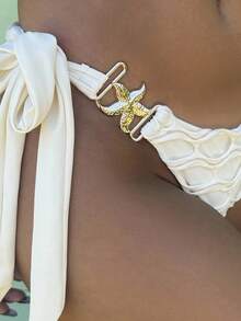 Ronhire Set de 2 piezas Traje de baño de verano para mujer, conjunto de bikini con top halter de unicolor con detalles metálicos sexy para vacaciones en la playa y Bottom con lazos laterales - Beis - Ver 3