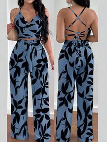 INAWLY 2pcs Casual Vacation Low Neck Backless Strap Camisole And Wide Leg Pants Set - Blue - View 1