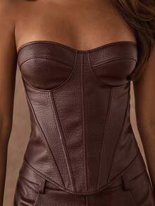 SHEIN BAE Women's Brown Fashion Sexy Party PU Bandeau Crop Top, Leather Corset, Brown Top, Night Out Top, Club Top, Brown Corset, Party Top, Leather Top, Winter Top, Bandeau Corset, Halloween Top, Christmas Top, New Year Top