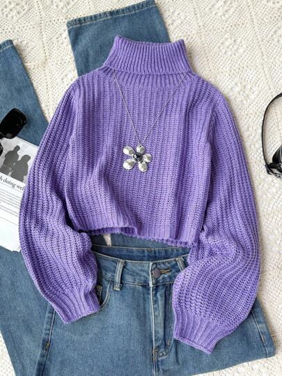 SHEIN Tween Girl Turtleneck Lantern Sleeve Sweater