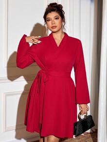 Cravure Christmas Plus Size Women Solid Color Wrap Long Sleeve Blazer Collar Dress Fall Cloth For Women - Burgundy - View 6