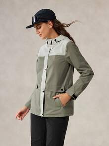OutZeal Veste de plein air pour femmes, randonnée, camping, résistante à l'eau, coupe-vent, capuche réglable, blocs de couleurs, Top de plein air, printemps automne - Vert - Voir 10