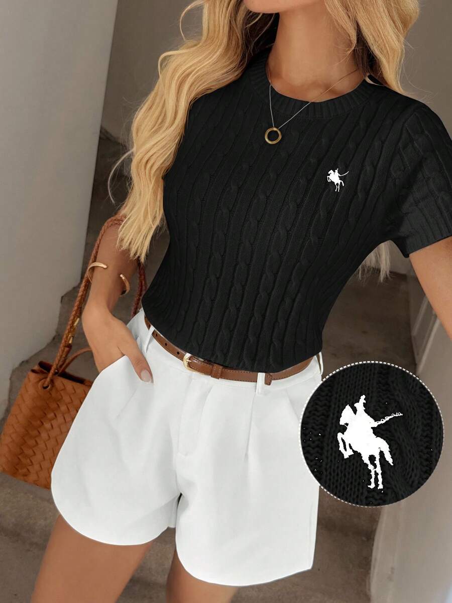 刺绣短袖圆领白色女式毛衣 - 黑色 - 查看 1