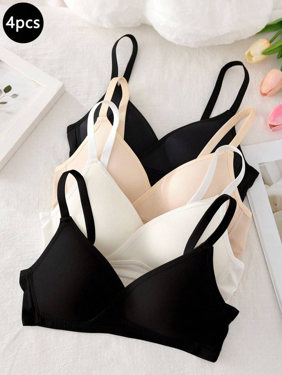 4 piezas de sujetadores inalámbricos a rayas para niñas, sujetador sin costuras delgado para estudiantes, recoge el busto, ropa interior cómoda para adolescentes y niñas jóvenes - Multicolor - Ver 1