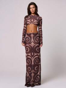 MUSERA تنورة ماكسي مستقيمة الخصر منخفضة مع طباعة زهرية جرافيكية، مناسبة لحضور حفلات الزفاف والأعياد وأيام الصيف والشاطئ والسباحة والأناقة والجمال والطراز البوهيمي والأيبيزي وحفلات المساء والعطلات الشتوية - بني - مشاهدة 1