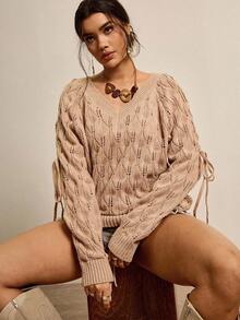 SHEIN VCAY Women's Plus Size Solid Color V-Neck Twist Pullover Sweater,Beige Autumn Boho Everyday Chic Brown Casual Fall Winter Clothes - Apricot - View 4