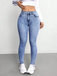 SHEIN Tall CURVE 大码女款蓝色牛仔弹力紧身裤 - 中等水洗藍 - 查看 7