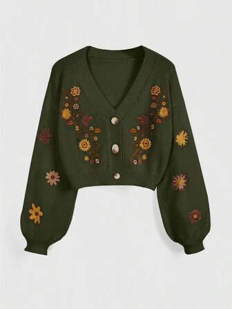 Hippie Cardigan corto monopetto allentato con scollo a V, spalle scivolate e ricamo floreale, casual, per le donne