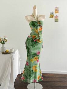 Soleia Bộ 2 món áo lưới in họa tiết không tay không dây và chân váy xếp ly thanh lịch cho kỳ nghỉ xuân/hè - Nhiều màu - Xem 5