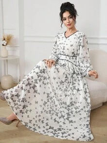 Seusyu Women's Butterfly Print V-Neck Lantern Sleeve Elegant Dress - Black and White - View 7