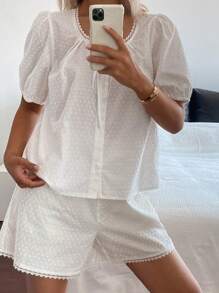 Livesso Bộ đồ ngủ màu trắng thoải mái, rộng rãi, dễ mặc mùa hè mới dành cho nữ - trắng - Xem 6