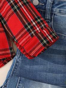 SHEIN 1 Stück Kariertes Hemd im britischen Stil für Kleine Jungen - klassisches Mehrfarbkariert + marineblauer Schleifen, geeignet für Partys und den Alltag, Frühling/Herbst