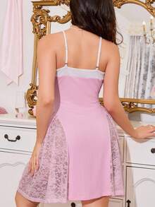 甜美蕾丝荷叶边女式睡袍，淡粉色 - 粉色 - 查看 2