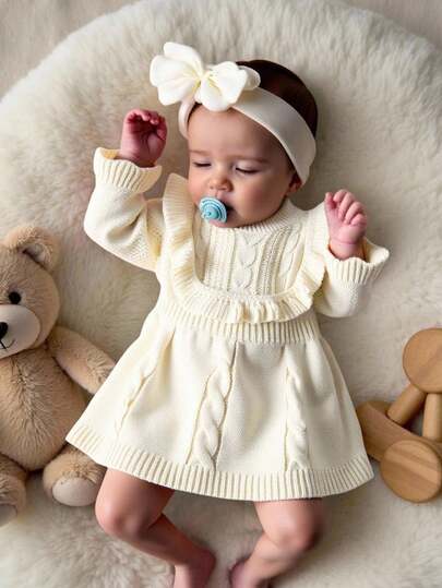 SHEIN Vestido de suéter de manga larga tejido para niñas bebé, apto para otoño/invierno, color albaricoque, versátil, elegante, con volantes en el bajo, elegante, apto para la escuela, uso diario, hogar, exterior, viaje