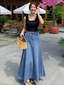Minimalist Elegant Versatile Slimming A-Line Maxi Skirt - Dark Wash - View 8