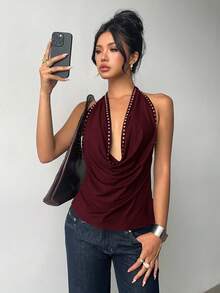 Aloruh Solid Color Rivet Decor Halter Draped Backless Blouse,Red Top - Burgundy - View 8