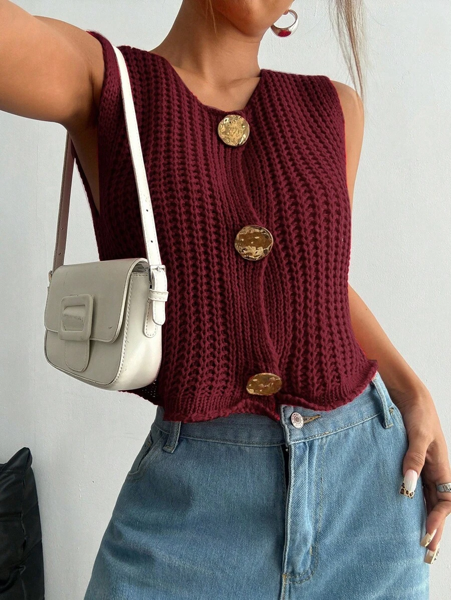 Flirla 女士时尚百搭简约金属单排扣休闲针织背心 - 紅色 - 查看 1