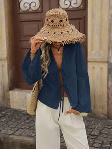 Brillora Camisa holgada de manga larga con vuelo y ajuste regular de unicolor tejida para mujer, ideal para vacaciones