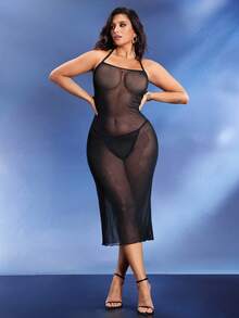 SHEIN 加大码性感内衣连衣裙，透视、网眼拼接、镂空、交叉肩带、系带设计 - 黑色 - 查看 4