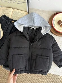 SHEIN Young Boys' Casual Thick Contrast Color Hooded Jacket, Comfortable & Versatile For Back To School, Autumn/Winter Fall
