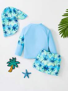 SHEIN 3 件套男童/女童休闲夏季度假椰子树印花长袖短裤搭配遮阳帽泳装，适合春夏季穿着、居家、郊游、旅行、海滩、泳池、派对 - 彩色 - 查看 2