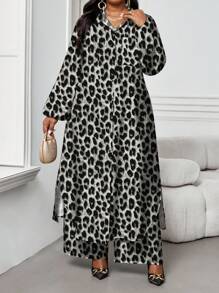 SHEIN Lady 秋冬优雅通勤办公室彩色豹纹梭织衬衫领主教袖纽扣长袖大码套装 2025 新款大码女装秋季豹纹灯笼袖单排扣长衬衫和裤子宽松两件套商务休闲女装商务休闲女装商务休闲秋季服装女装优雅商务休闲服装女装秋装大码休闲女装秋装秋季女装优雅女装秋季女装 - 深灰色 - 查看 1