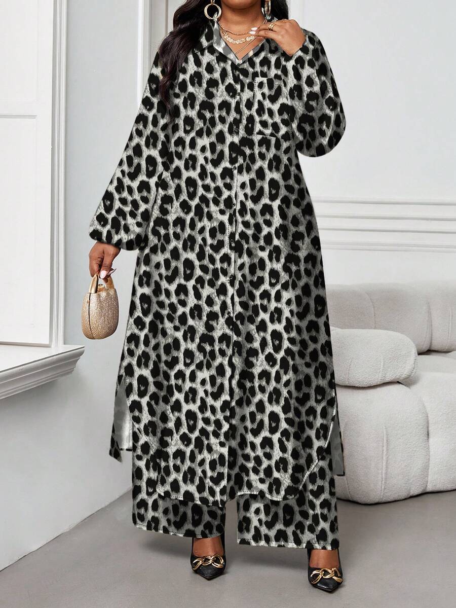SHEIN Lady 秋冬优雅通勤办公室彩色豹纹梭织衬衫领主教袖纽扣长袖大码套装 2025 新款大码女装秋季豹纹灯笼袖单排扣长衬衫和裤子宽松两件套商务休闲女装商务休闲女装商务休闲秋季服装女装优雅商务休闲服装女装秋装大码休闲女装秋装秋季女装优雅女装秋季女装 - 深灰色 - 查看 1