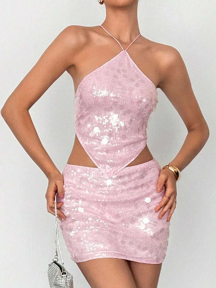 SHEIN Tall Conjunto de 2 piezas de top halter con espalda descubierta y minifalda con lentejuelas para mujer