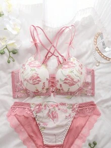 DelicateAllure 2 件前扣式提升和增强钢圈衬垫文胸，配有交叉后背和花卉刺绣舒适半罩杯内衣套装 - 粉色 - 查看 5