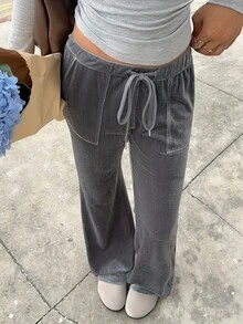 SHEIN Unity Quần nhung ống loe lưng thấp, co giãn, có dây rút, thường ngày - Xám - Xem 5