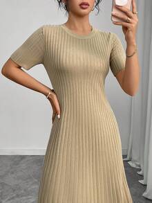 Modelyn Women's Casual Solid Color Ribbed Tie-Up Knit Dress - Khaki - View 8
