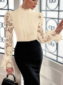 SHEIN Privé Plus Size Elegant Lace Patchwork Pleated Fitted Hollow Out Ruffle Collar Blouse, Spring/Autumn