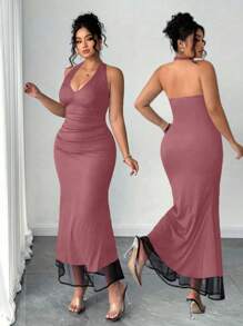 SHEIN PETITE Mesh Double Layer Halter Maxi Fish Tail Dress, Elegant Plus Size & Petite Summer Dress - Multicolor - View 7