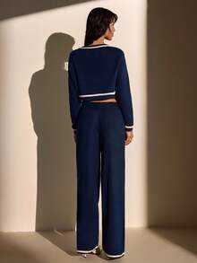 EURMUSE Marineblauer Crop-Pullover mit Kontrastbesatz & hochgeschnittene Strickjogginghose Set - 40cm locker sitzende Oberteil mit Tasche, Winterkleidung Damen, Winterkleidung, Herbstoutfits Damen, Herbst