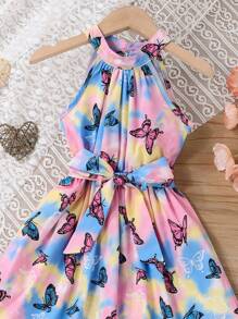 少女印花綁蝴蝶結吊帶裙