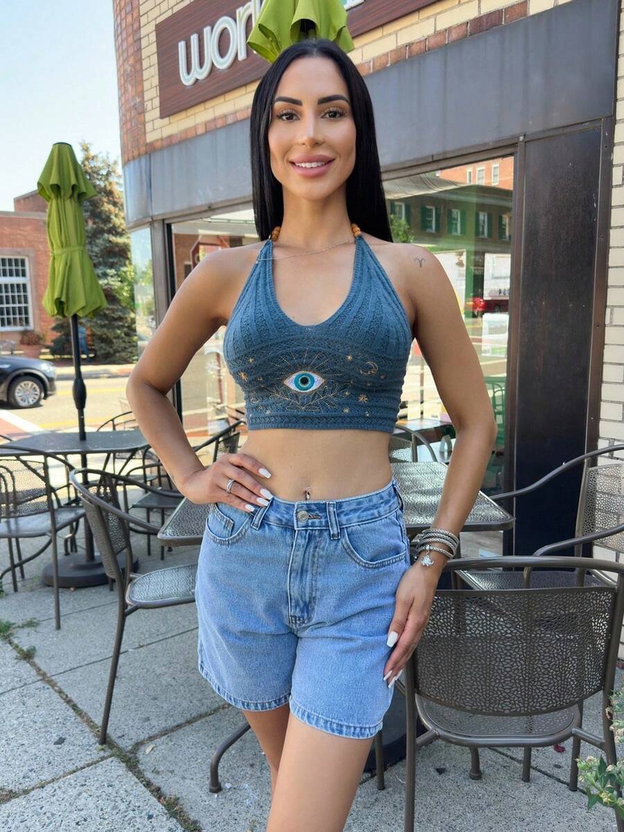 Carolina Barros 女式波西米亚风夏季嬉皮假日氛围眼睛、月亮和星星刺绣水蓝色女式串珠针织上衣 - 墨綠色 - 查看 1